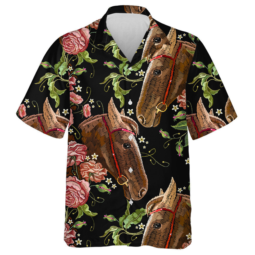 Embroidery Horse Head And Wild Roses Hawaiian Shirt,Hawaiian Shirt Gift, Christmas Gift