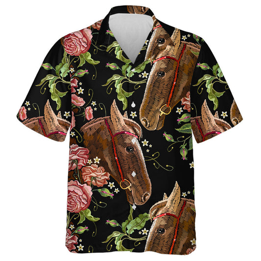 Embroidery Horse Head And Wild Roses Hawaiian Shirt,Hawaiian Shirt Gift, Christmas Gift