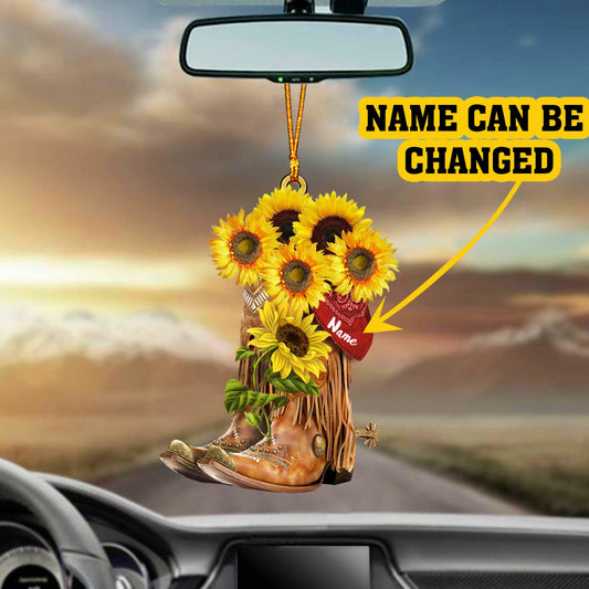 Personalized Vintage Sunflower Boots Cowboy Cowgirl Flat Acrylic Car Ornament, Christmas Decoration
