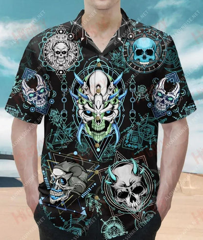 Blue Geometric Skull Unisex Short Sleeve Shirt Summer Tropical Shirts Custom Hawaiian Shirts Funny Hawaiian Shirts,Hawaiian Shirt Gift, Christmas Gift