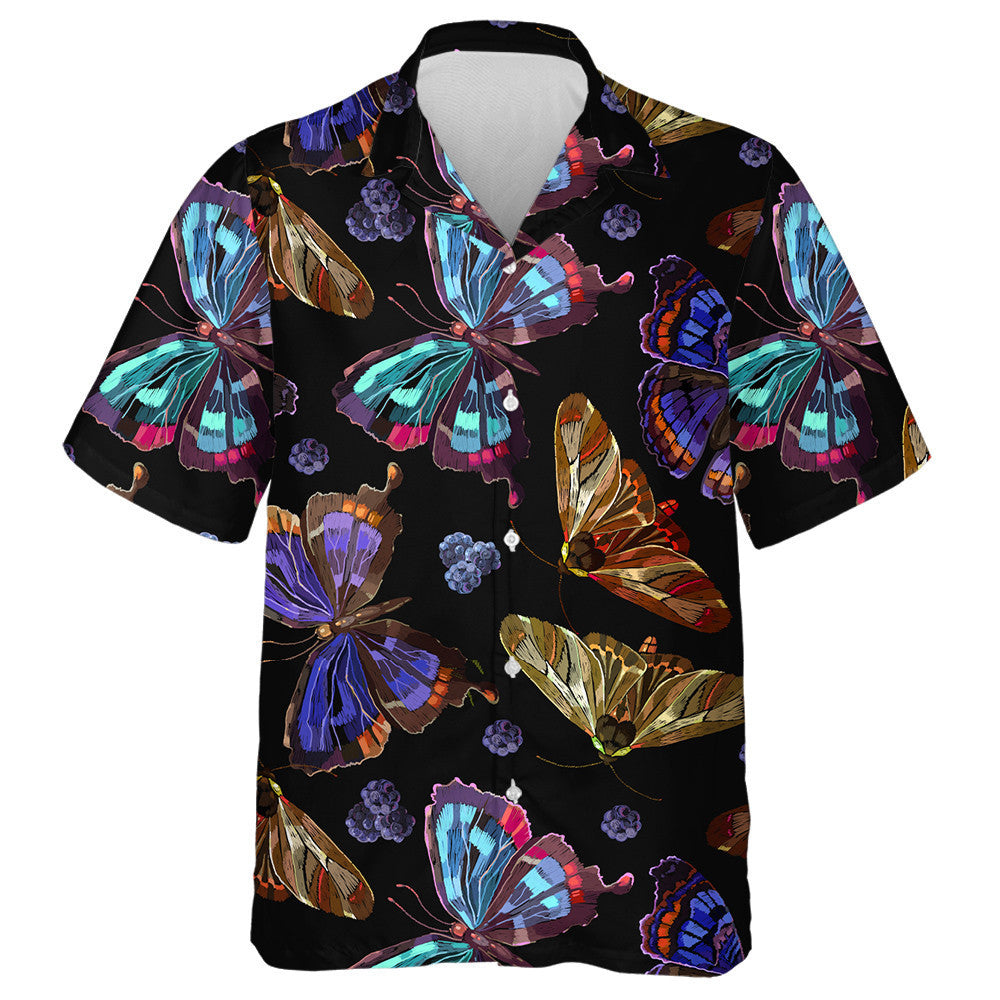 Theme Embroidery Butterflies And Berries Night Garden Art Hawaiian Shirt, Hawaiian Shirt Gift, Christmas Gift