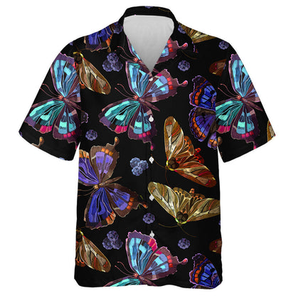 Theme Embroidery Butterflies And Berries Night Garden Art Hawaiian Shirt, Hawaiian Shirt Gift, Christmas Gift