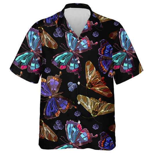 Theme Embroidery Butterflies And Berries Night Garden Art Hawaiian Shirt, Hawaiian Shirt Gift, Christmas Gift