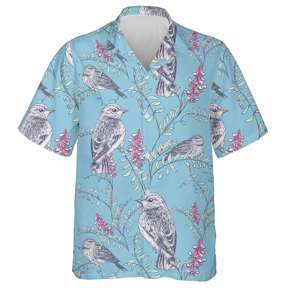 Retro Background With Birds Perched On Flower Branch Hawaiian Shirt, Hawaiian Shirt Gift, Christmas Gift
