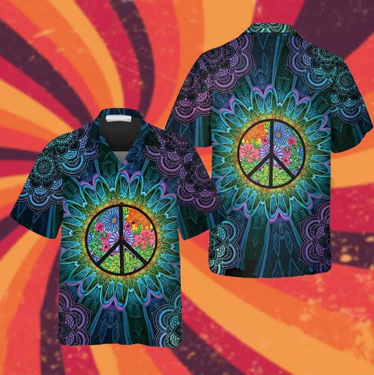 Purple Flower Hippie Peace Sign Black Background Hawaiian Shirt, Hawaiian Shirt Gift, Christmas Gift