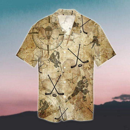 Vintage Hockey On Map Background Hawaiian Shirt, Hwaiian For Gift