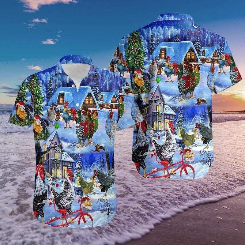 Farm Life Of Chickens On Christmas Night Hawaiian Shirt, Hawaiian Shirt Gift, Christmas Gift