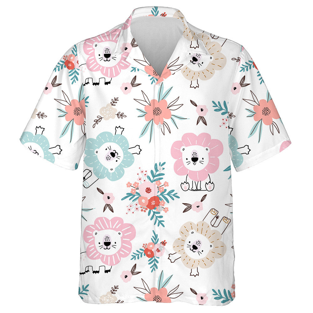Funny Lions And Floral Elements Hawaiian Shirt,Hawaiian Shirt Gift, Christmas Gift