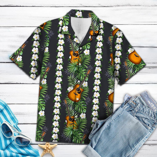 Cool Guitar And Green Leaf Striped Pattern Hawaiian Shirt, Hawaiian Shirt Gift, Christmas Gift