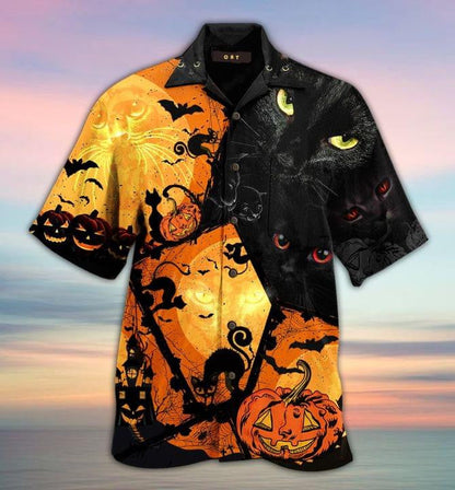 Black Cat And Yellow Halloween Pattern Hawaiian Shirt, Hawaiian For Gift