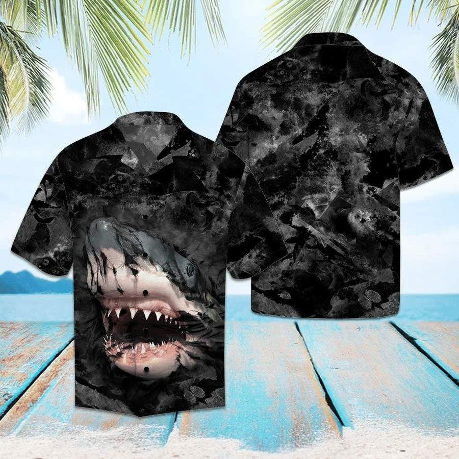 Hawaiian Aloha Aloha Shirts Shark In Darkness Hawaiian Shorts Beach Short Sleeve, Hawaiian Shirt Gift, Christmas Gift
