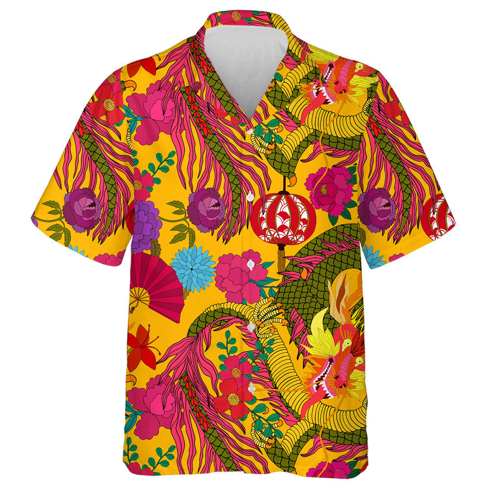 Hand Drawn Chinese Art Dragon Lantern And Flowers Hawaiian Shirt, Hawaiian Shirt Gift, Christmas Gift