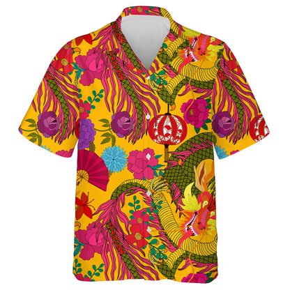 Hand Drawn Chinese Art Dragon Lantern And Flowers Hawaiian Shirt, Hawaiian Shirt Gift, Christmas Gift