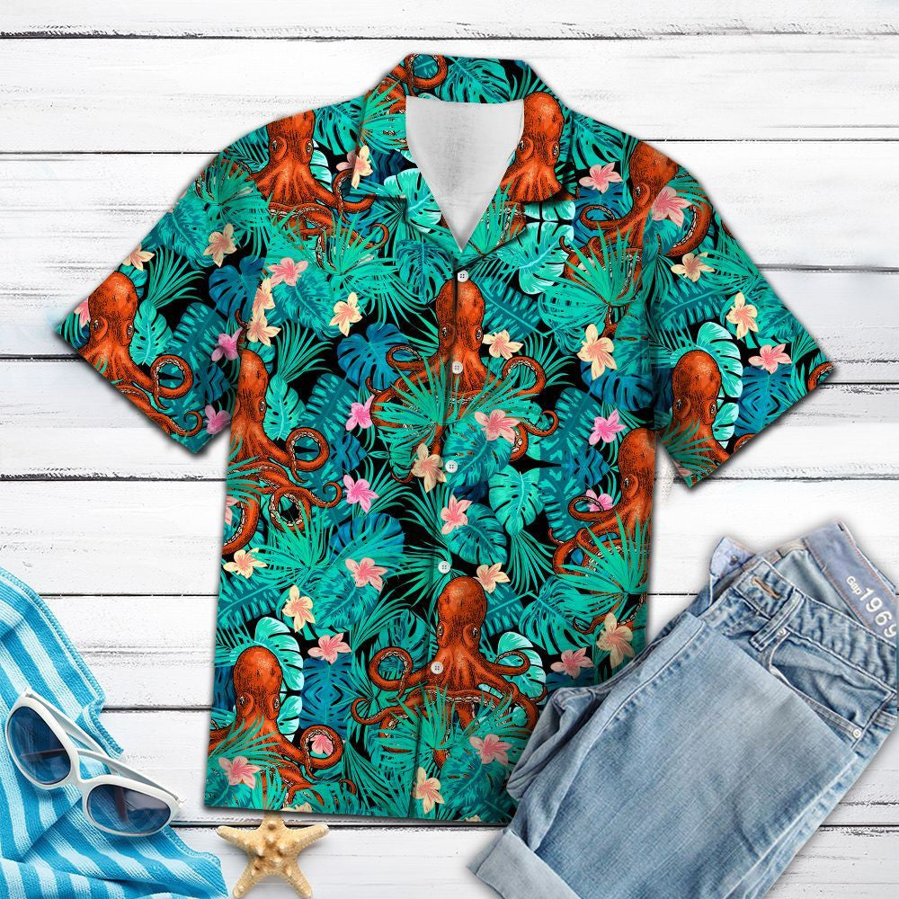 Awesome Sea Animal Octopus Tropical Plant Pattern Hawaiian Shirt, Hawaiian Shirt Gift, Christmas Gift
