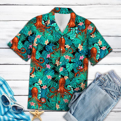 Awesome Sea Animal Octopus Tropical Plant Pattern Hawaiian Shirt, Hawaiian Shirt Gift, Christmas Gift