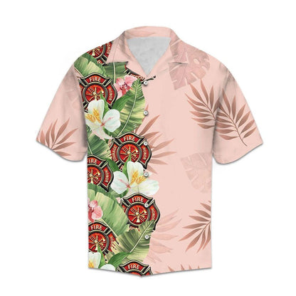 Tropical Firefighter With Green Leaves On Pink Pattern Hawaiian Shirt, Hawaiian Shirt Gift, Christmas Gift