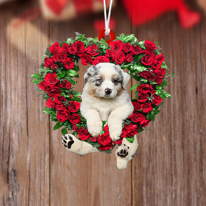 Australian Shepherd-Heart Wreath Two Sides Christmas Plastic Hanging Ornament, Christmas Ornament Gift, Christmas Gift, Christmas Decoration