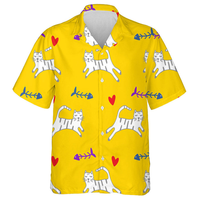 Abstract Hand Drawing Cute Cats Hearts And Fishbones Hawaiian Shirt, Hawaiian Shirt Gift, Christmas Gift