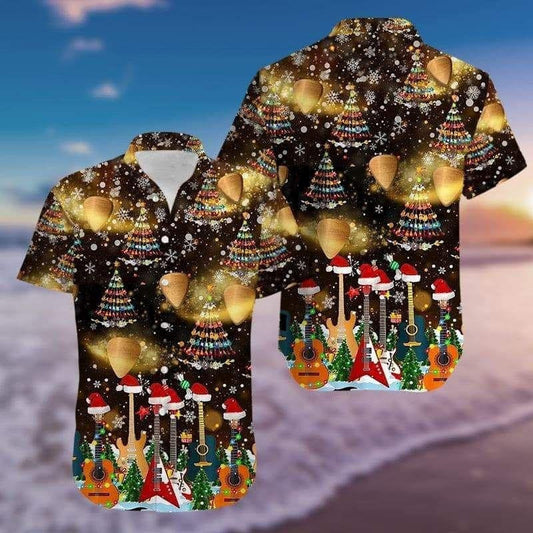Into Music Guitar Christmas Tree Design Hawaiian Shirt, Hawaiian For Gift