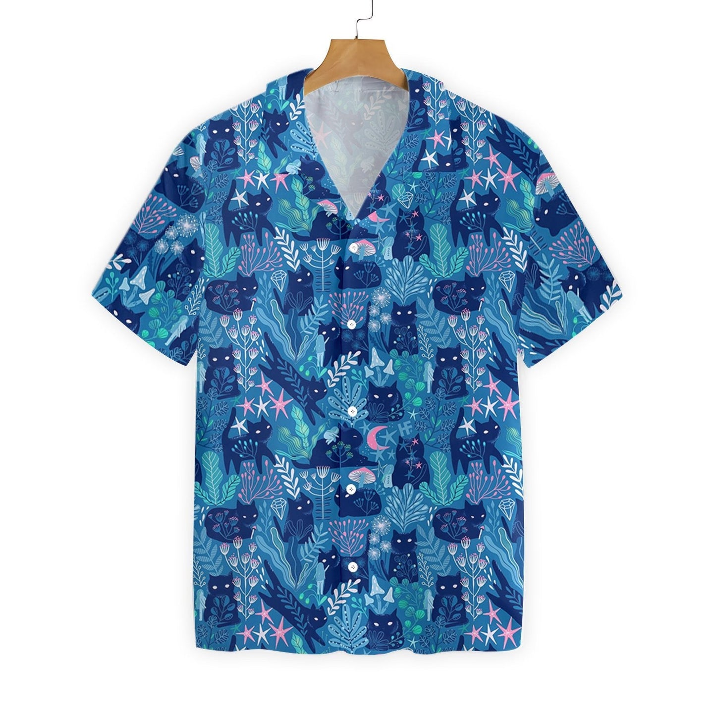 Meowgical And Blue Floral Pattern Hawaiian Shirt, Hawaiian Shirt Gift, Christmas Gift