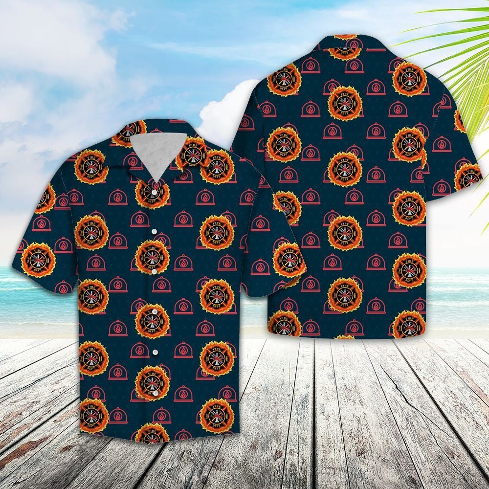 Firefighter Helmet And Logo In Deep Blue Hawaiian Shirt, Hawaiian Shirt Gift, Christmas Gift