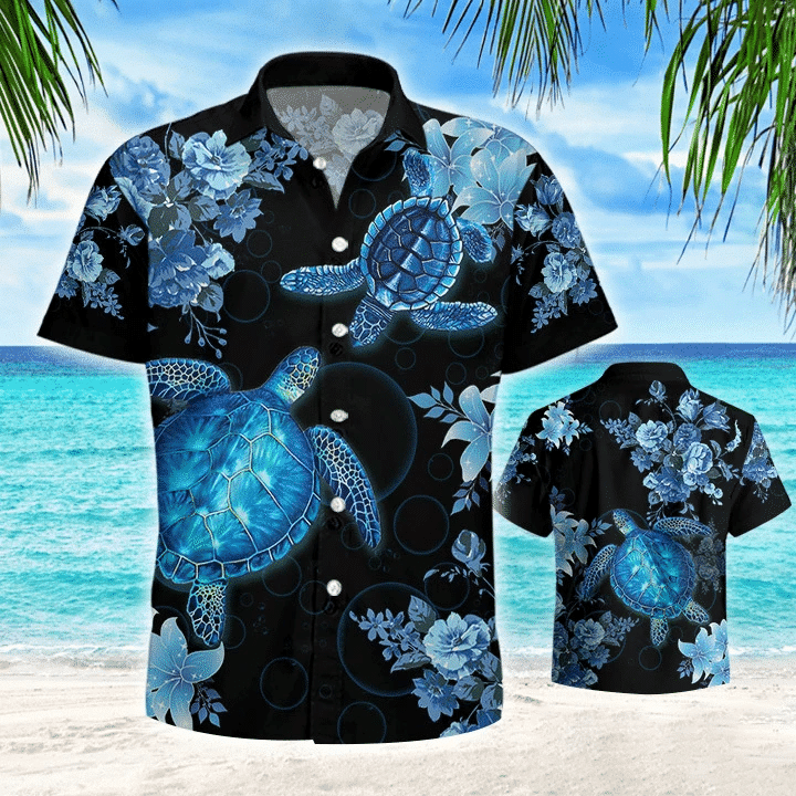 Blue Sea Turtle Black Theme Nice Design Hawaiian Shirt, Hawaiian Shirt Gift, Christmas Gift