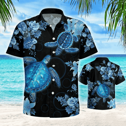 Blue Sea Turtle Black Theme Nice Design Hawaiian Shirt, Hawaiian Shirt Gift, Christmas Gift