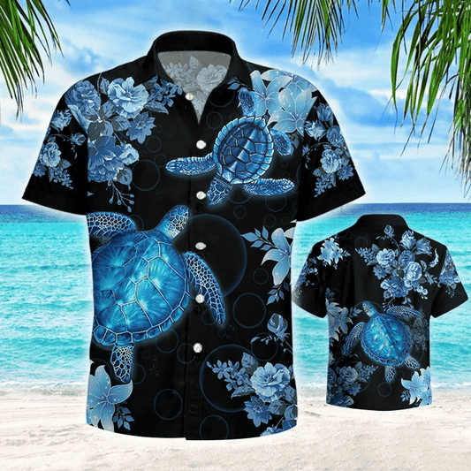 Blue Sea Turtle Black Theme Nice Design Hawaiian Shirt, Hawaiian Shirt Gift, Christmas Gift