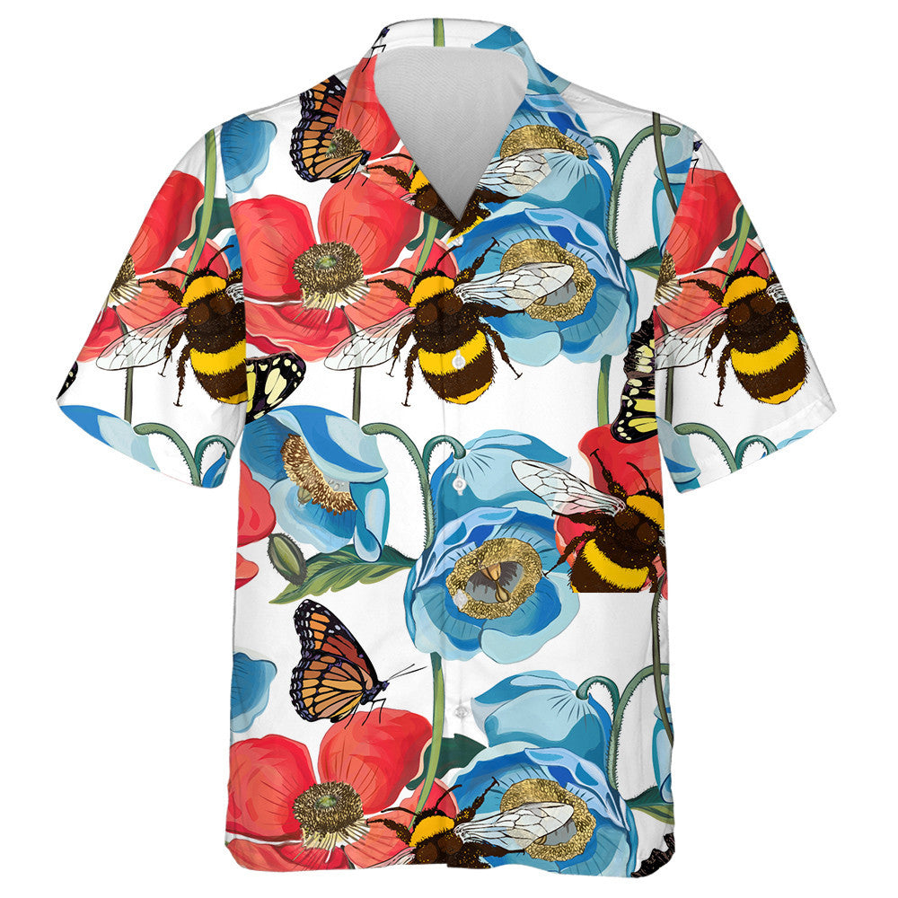 Red Poppy Flowers With Bumblebee On Bright Floral Background Hawaiian Shirt, Hawaiian Shirt Gift, Christmas Gift