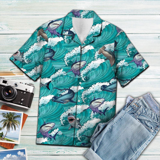Awesome Shark Jumping Over Sea Waves Pattern Hawaiian Shirt, Hawaiian Shirt Gift, Christmas Gift