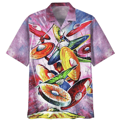Watercolor Drum Background Design Hawaiian Shirt, Hwaiian For Gift