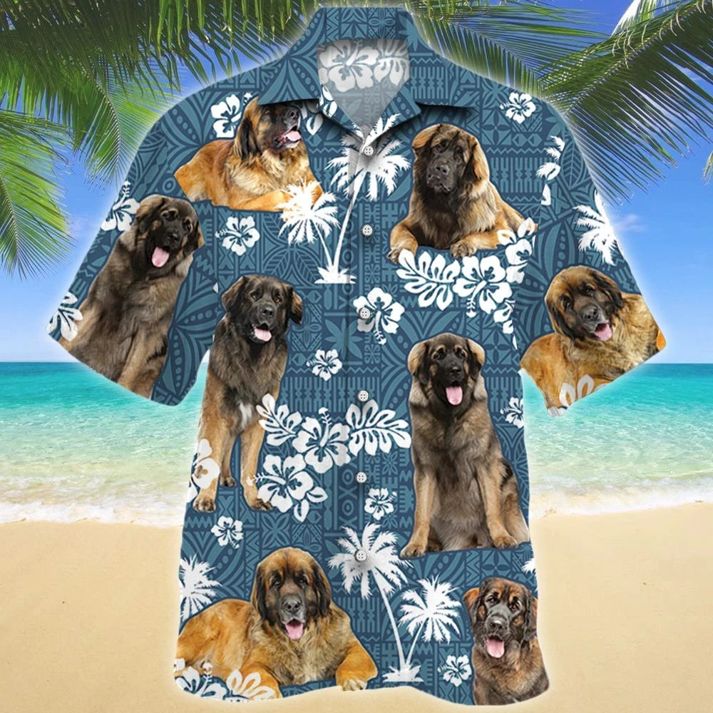 Leonberger Dog And Hibiscus On Blue Tribal Pattern Hawaiian Shirt, Hawaiian Shirt Gift, Christmas Gift
