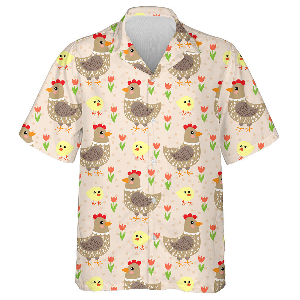 Cute Cartoon Hen And Chicken In Flower Garden Hawaiian Shirt, Hawaiian Shirt Gift, Christmas Gift
