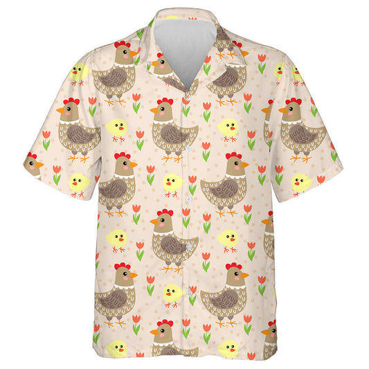 Cute Cartoon Hen And Chicken In Flower Garden Hawaiian Shirt, Hawaiian Shirt Gift, Christmas Gift