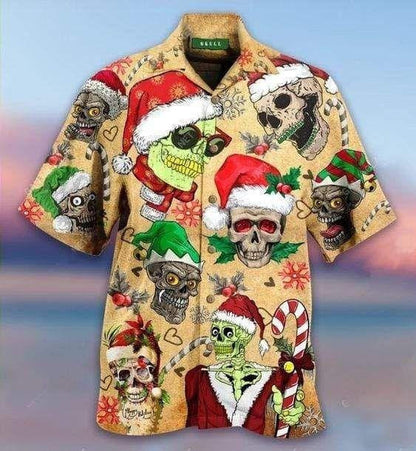 Funny Smiling Skull In Santa Hat Christmas Design Hawaiian Shirt, Hawaiian Shirt Gift, Christmas Gift