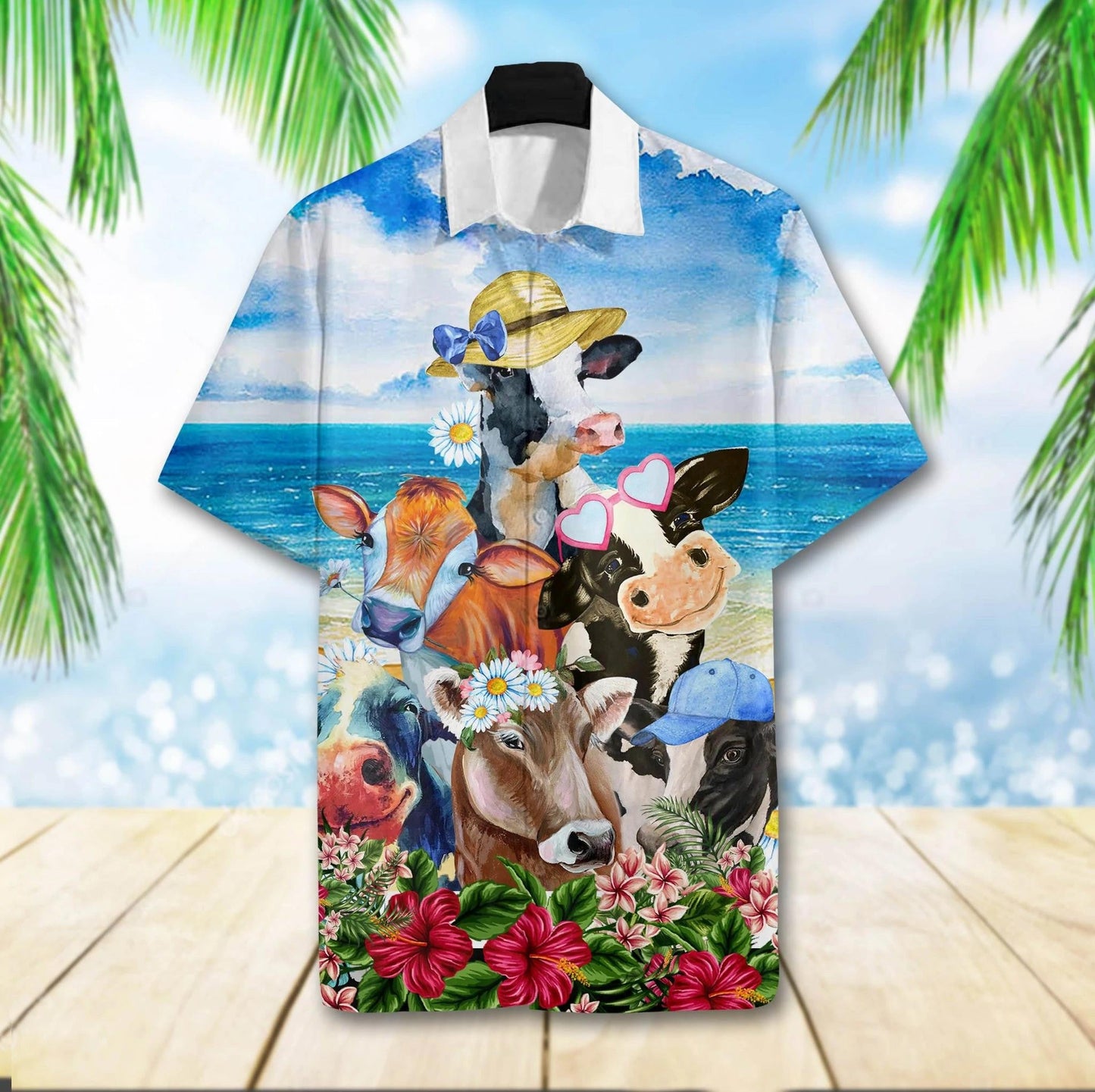 Cute Cow Lovely Moment On The Beach Hawaiian Shirt, Hawaiian Shirt Gift, Christmas Gift