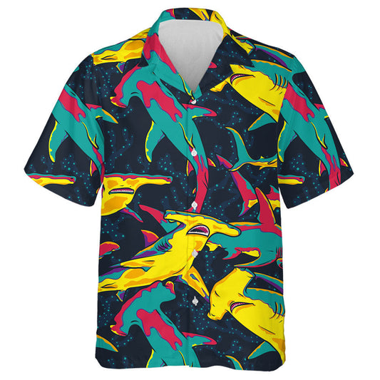 Colorful Pop Art Hammerhead Sharks On Coral Background Hawaiian Shirt, Hawaiian Shirt Gift, Christmas Gift