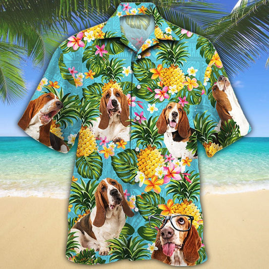 Basset Hound Dog With Pineapples And Plumeria Hawaiian Shirt, Hawaiian Shirt Gift, Christmas Gift