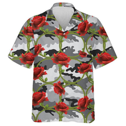 Enticing Red Rose Circle On Gray Camo Pattern Hawaiian Shirt, Hawaiian Shirt Gift, Christmas Gift