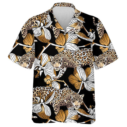 Gold Leopard And Orchid Flowers On Black Background Hawaiian Shirt, Hawaiian Shirt Gift, Christmas Gift