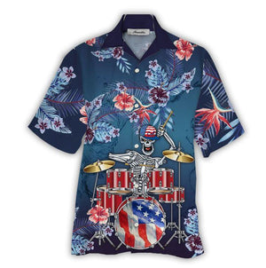 Apayprint Drum America Blue Flower Themed Hawaiian Shirt, Hawaiian For Gift