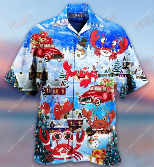 Merry Xmas With Crabs Short Hawaiian Shirt Summer Hawaiian T Shirts Tropical Shirts For Men Funny Hawaiian Shirts, Hawaiian Shirt Gift, Christmas Gift
