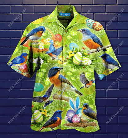 Happy Easter With Bluebirds Hawaiian Aloha Shirt Hawaiian Shorts Beach Short Sleeve, Hawaiian Shirt Gift, Christmas Gift