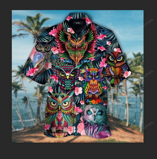 Tropical Pink Flower With Colorful Owl Design Hawaiian Shirt, Hawaiian Shirt Gift, Christmas Gift