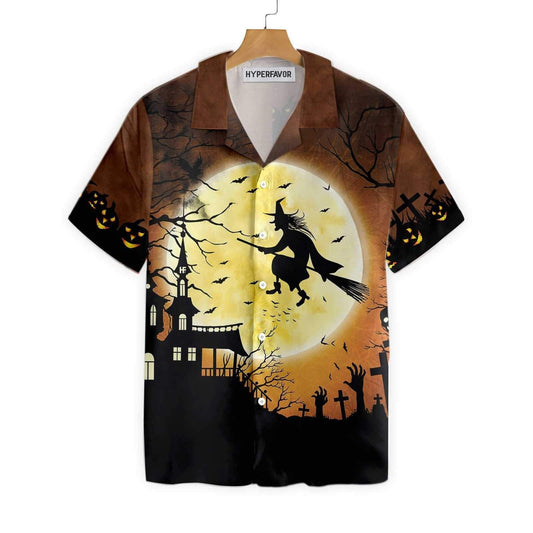 Halloween Night Flying Witch Over A Castle Dramatic Hawaiian Shirt, Hawaiian Shirt Gift, Christmas Gift