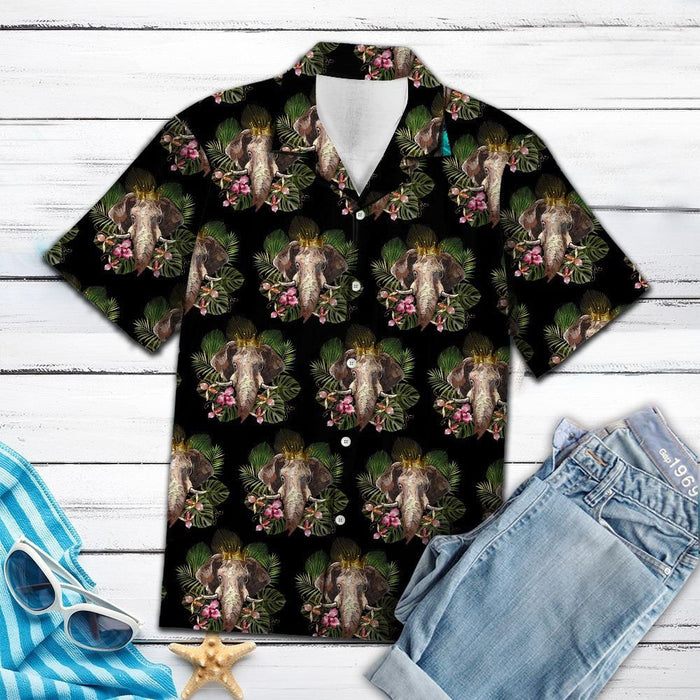 Black Themed Elephant King Of Jungle Pattern Hawaiian Shirt, Hawaiian Shirt Gift, Christmas Gift