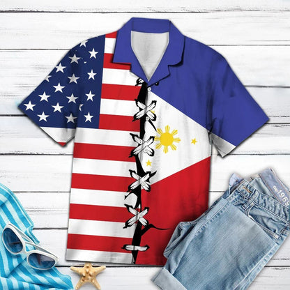 Awesome Flag Of American And Phillippines Root Pattern Hawaiian Shirt, Hawaiian Shirt Gift, Christmas Gift
