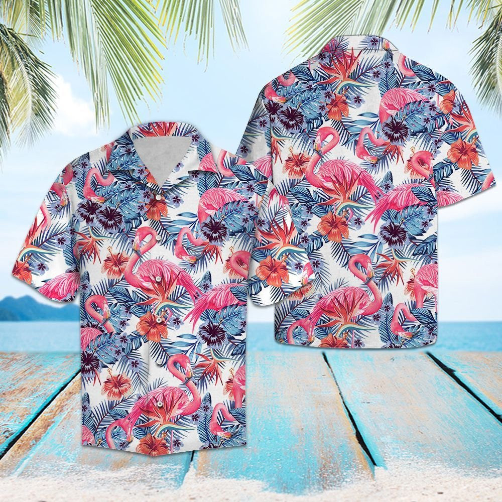 Pink Flamingo With Red Hibiscus In White Hawaiian Shirt, Hawaiian Shirt Gift, Christmas Gift