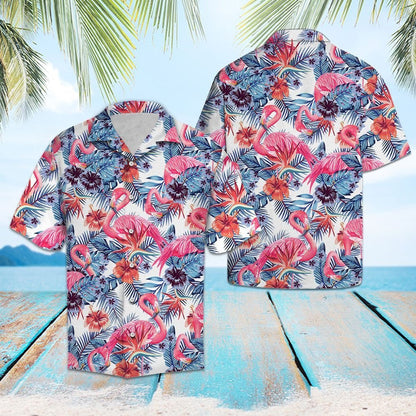 Pink Flamingo With Red Hibiscus In White Hawaiian Shirt, Hawaiian Shirt Gift, Christmas Gift