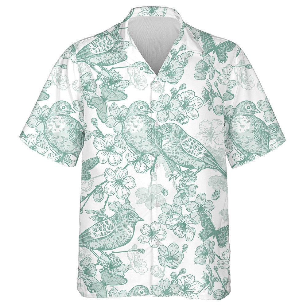 Japanese Cherry Bird And Butterflies Green And White Hawaiian Shirt, Hawaiian Shirt Gift, Christmas Gift